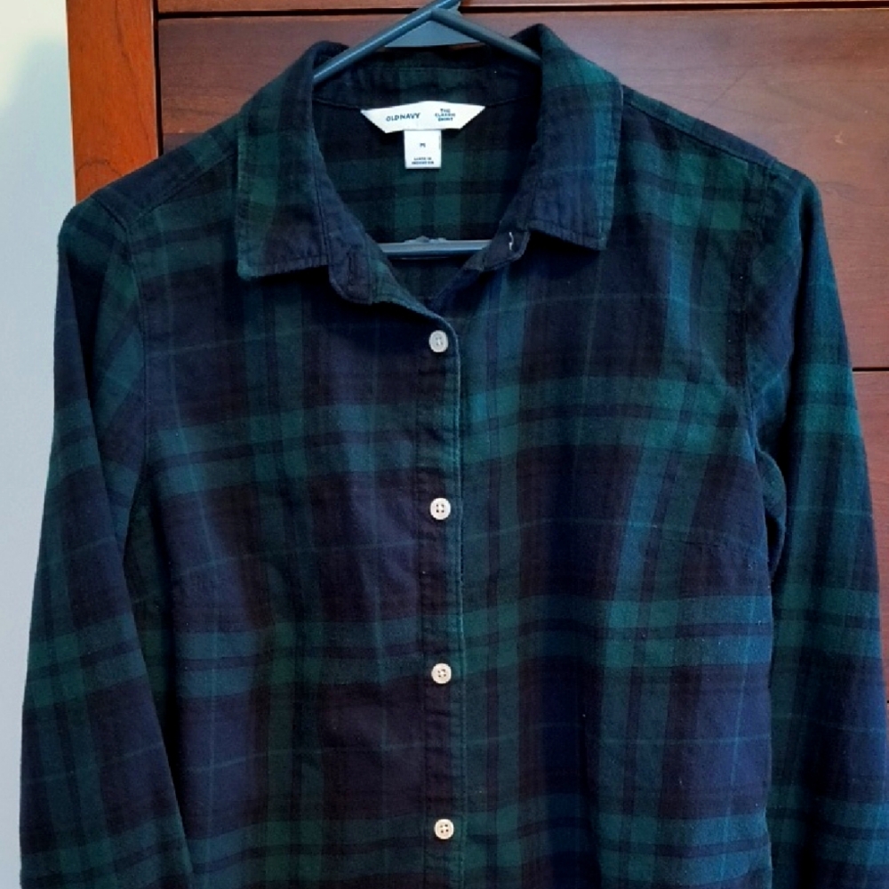 Old Navy Navy and Green Plaid Flannel Shirt, Size Medium